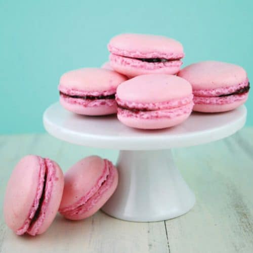 Making homemade French Macarons with raspberry coffee flavor: light pink,  unbaked macaron batter, so called macaronage, piped in circles on white parchment  paper before baking Stock Photo