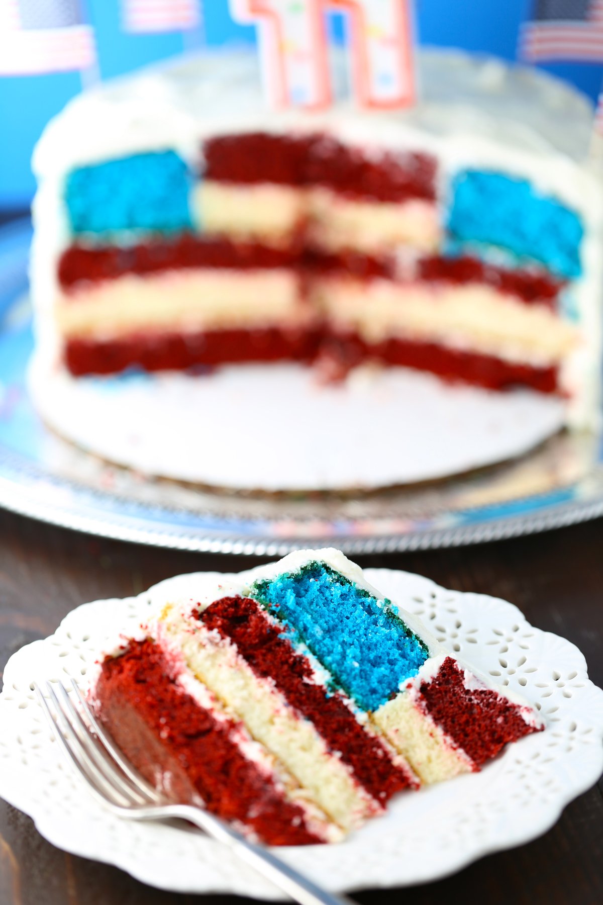The best flag cake with surprise inside layers revealing the American flag.