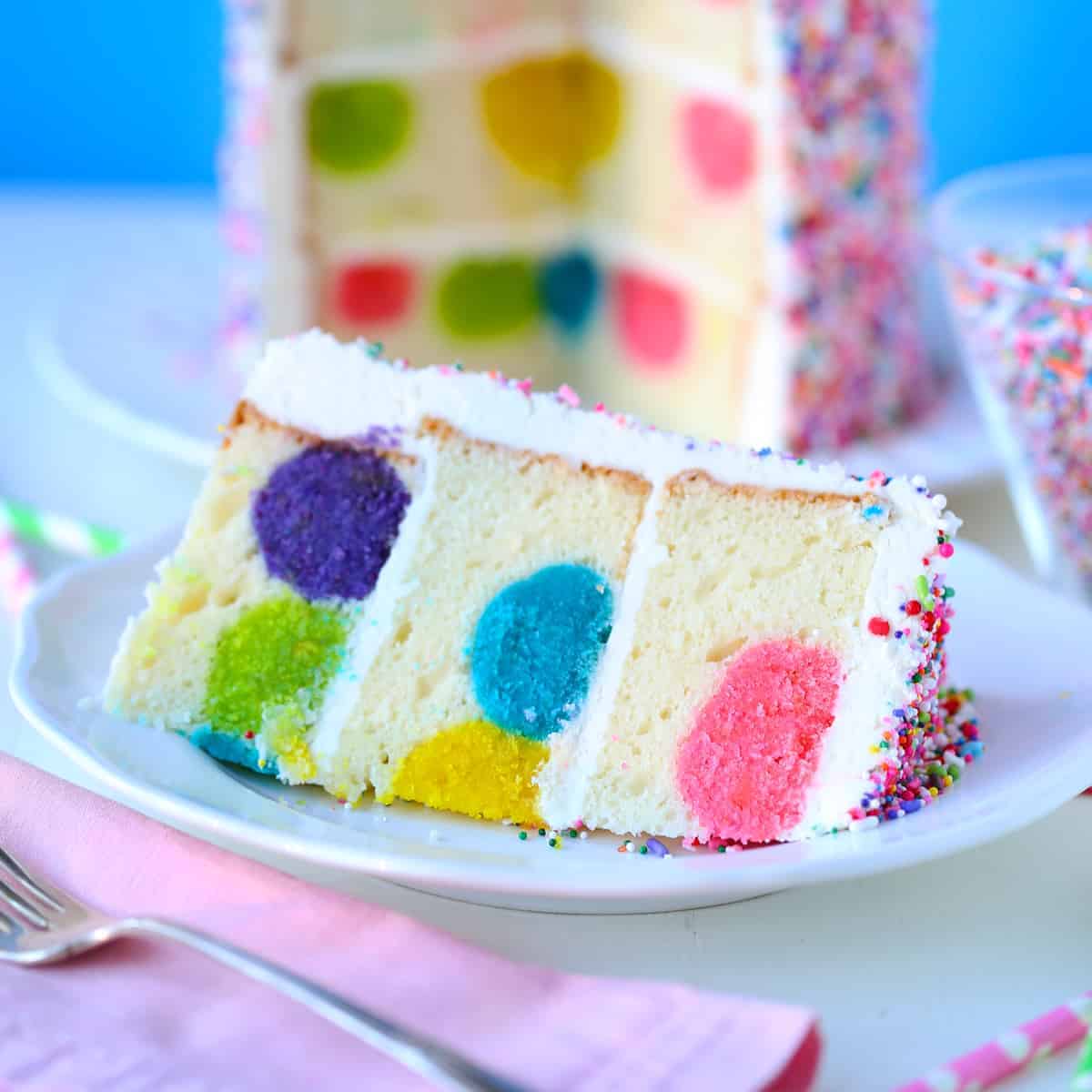 Rainbow Sprinkles Polka Dot Surprise Cake - Mom Loves Baking
