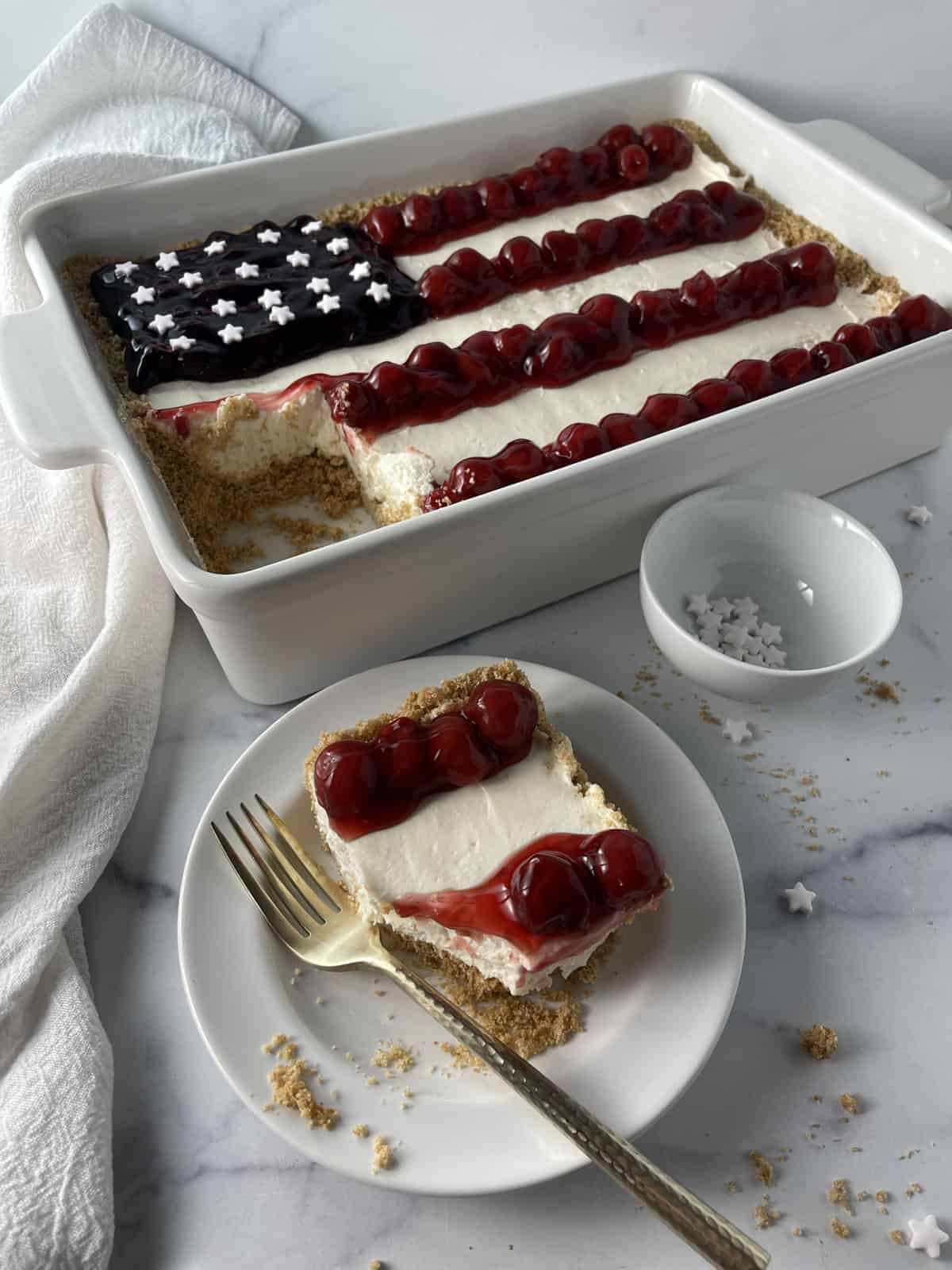 American flag cheesecake dessert for July 4th.