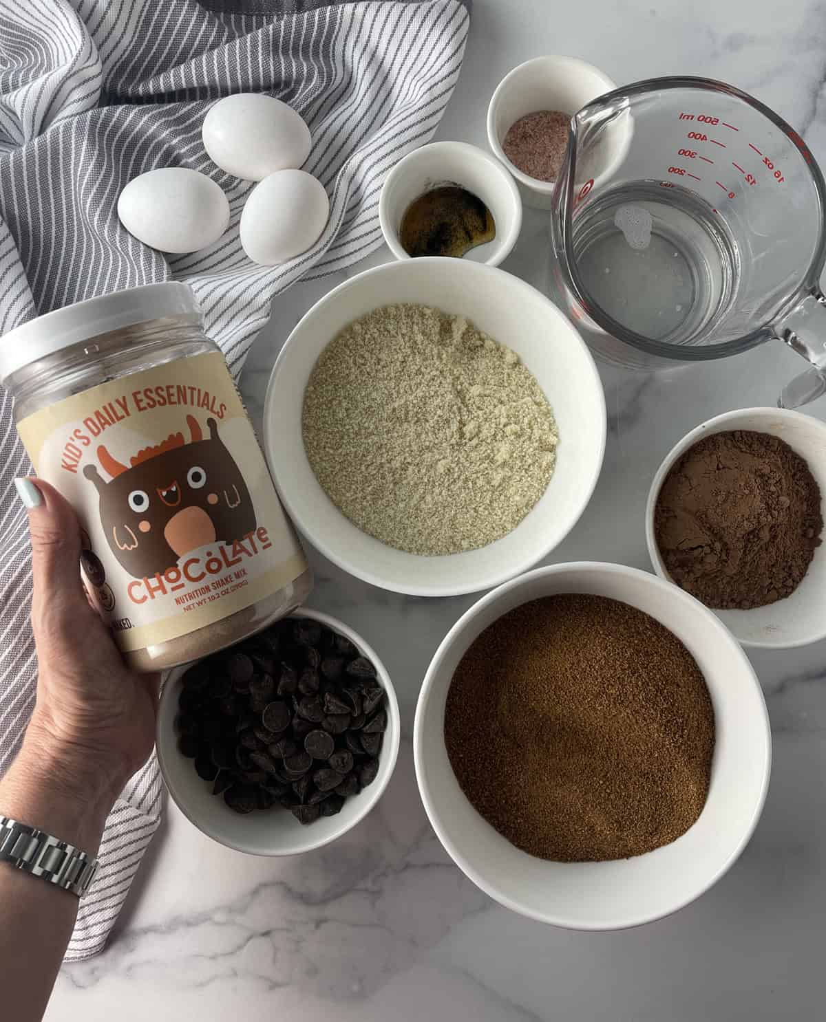 Ingredients needed to make high protein brownies.