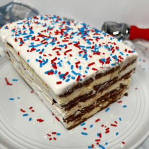 Ice cream sandwich cake with Cool Whip frosting on top.