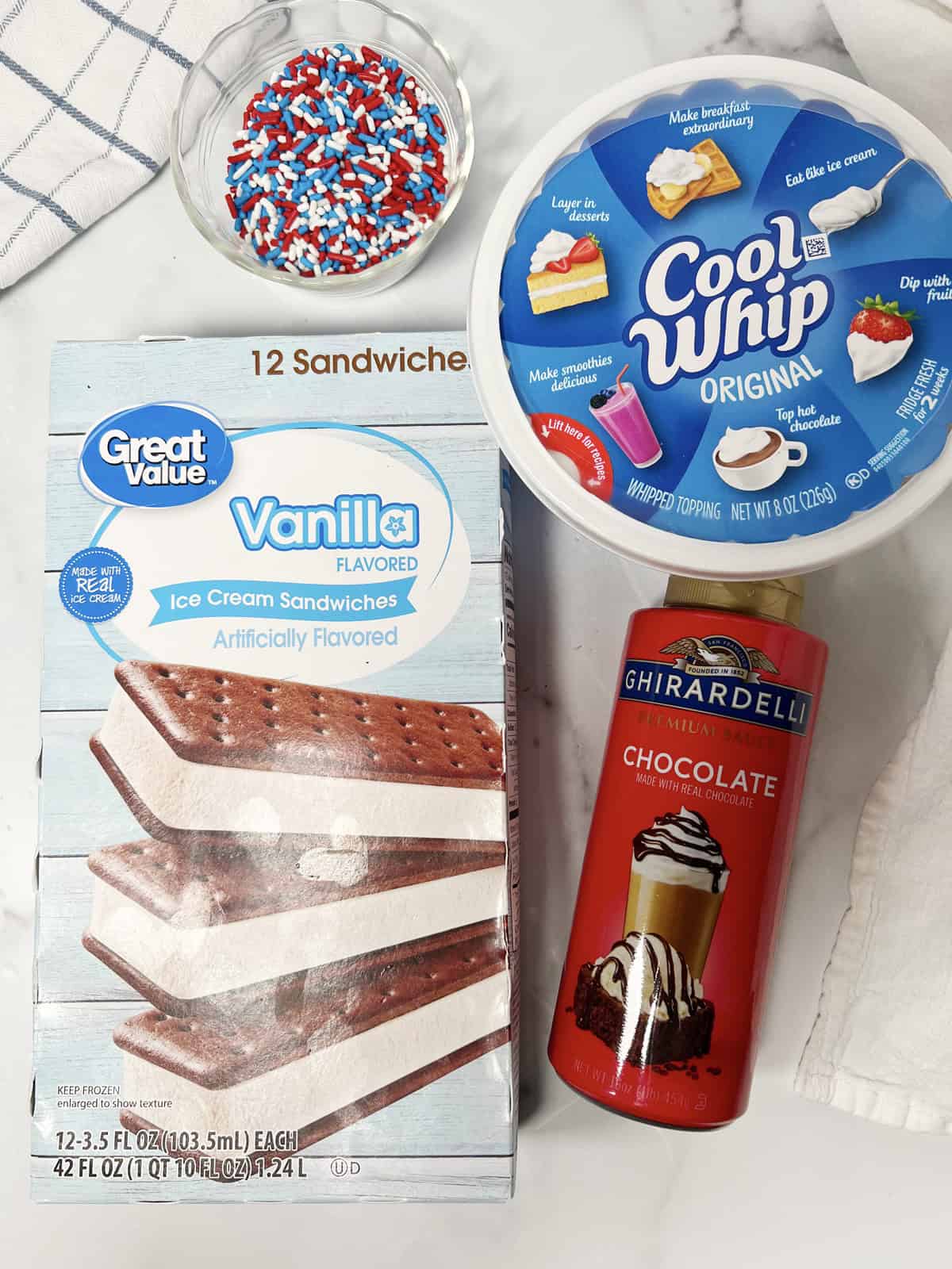 Ingredients needed to make ice cream cake.