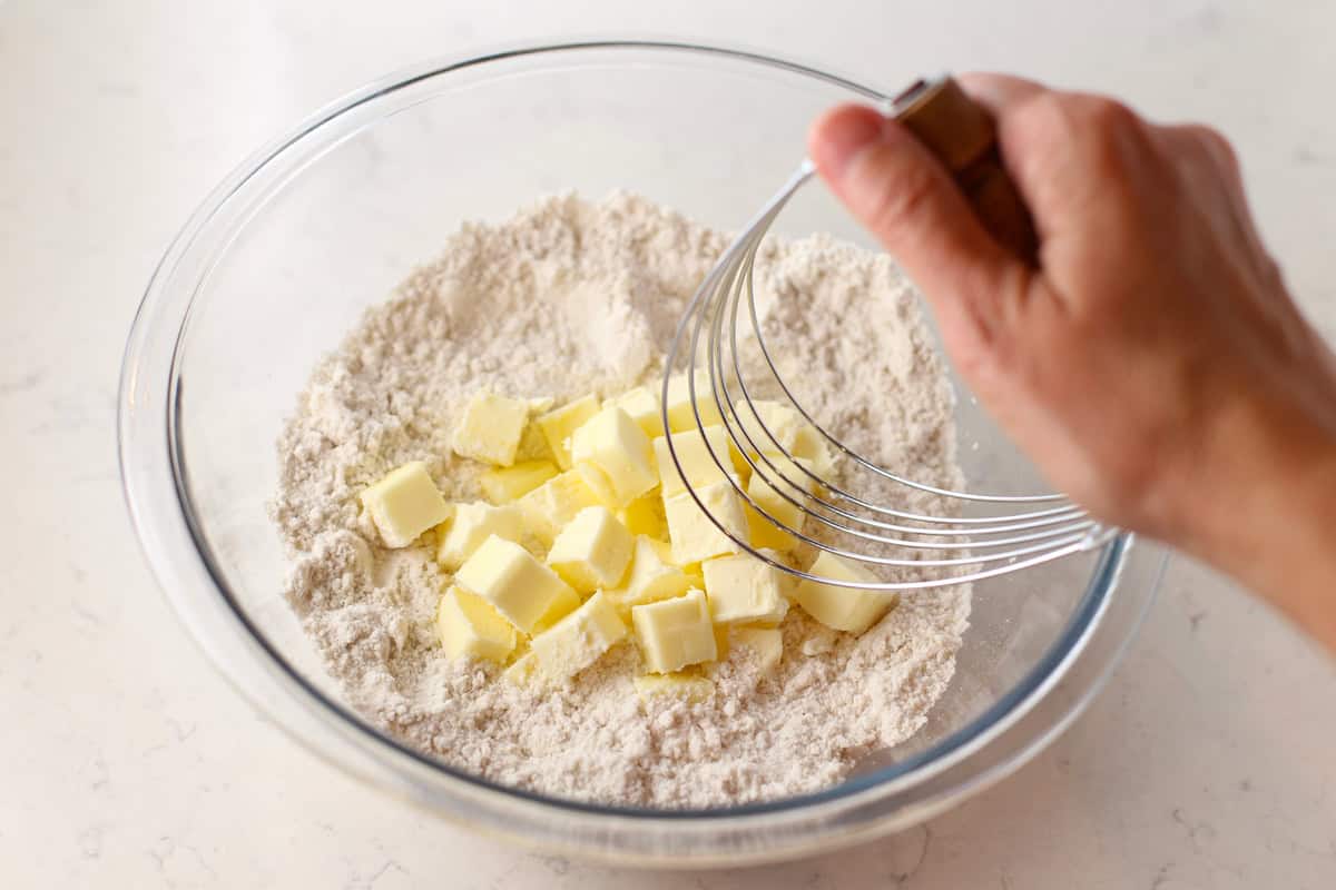 Cold butter cubes in bowl.