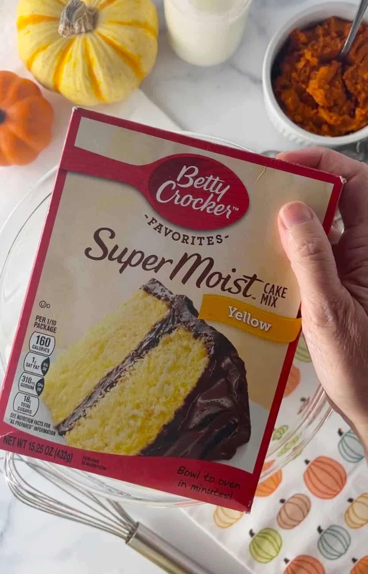 Box of yellow boxed cake mix by Betty Crocker.