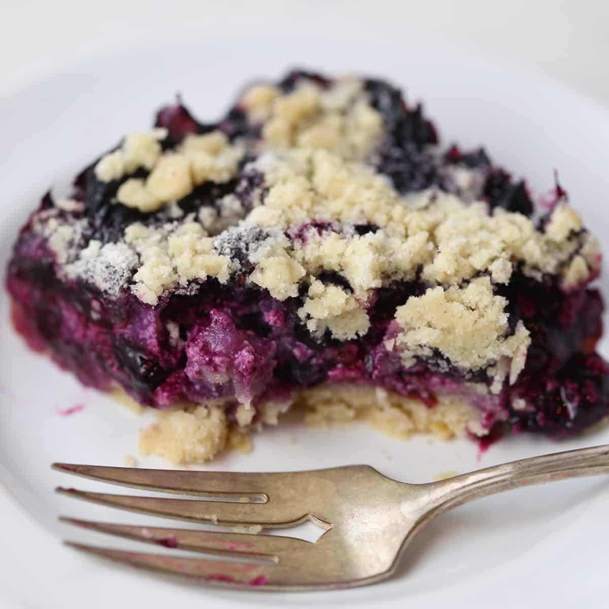 Blueberry pie bar on white plate with fork.