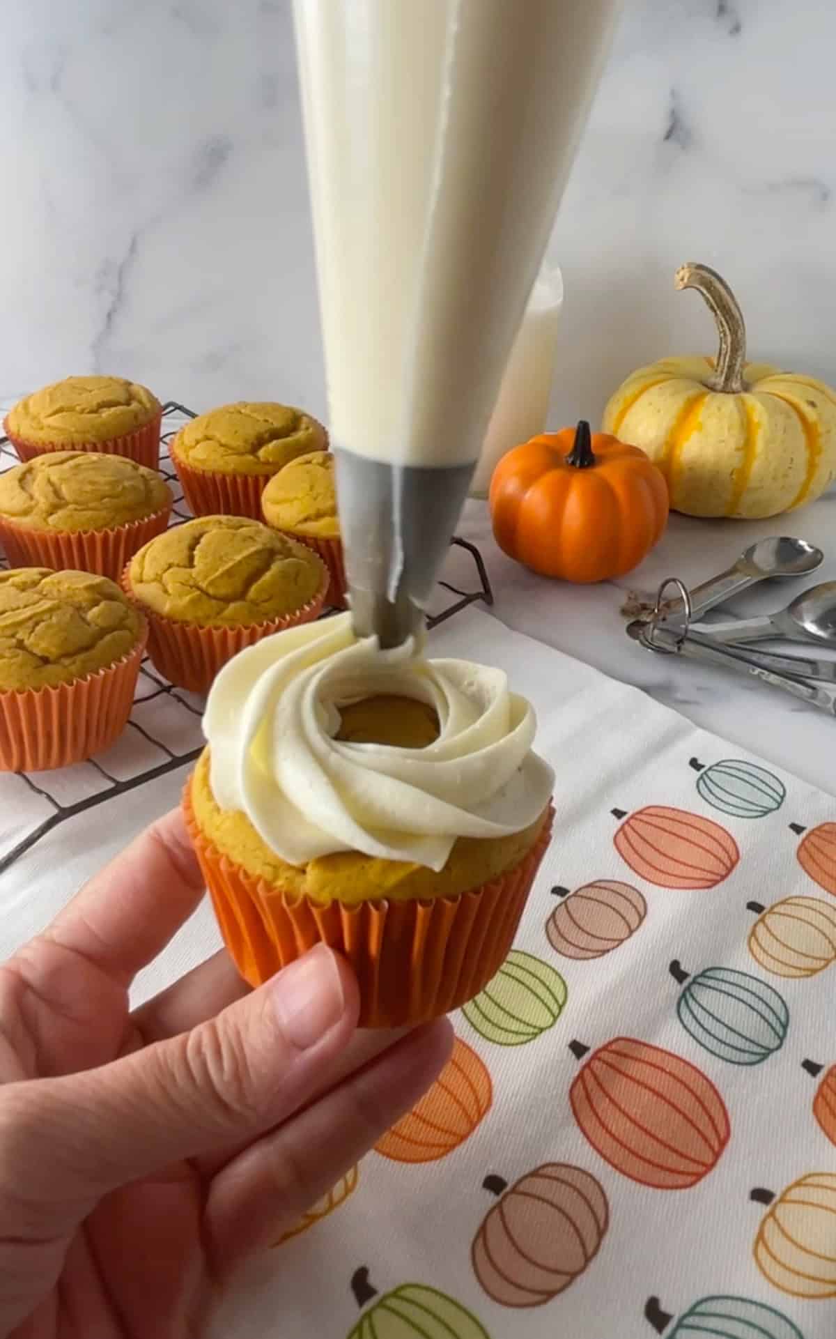 Frosting pumpkin cupcakes with a 1M pastry tip.