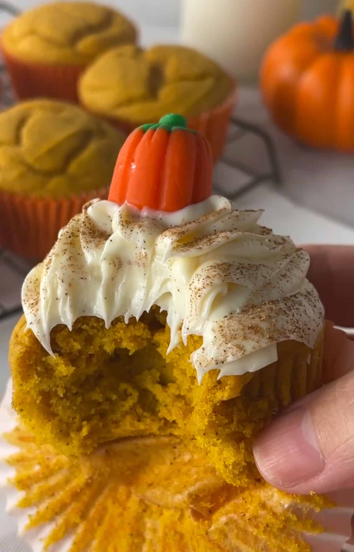 One pumpkin cupcake with a bite taken out.