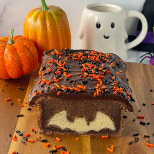 Chocolate pound cake for Halloween with surprise inside bat shape.