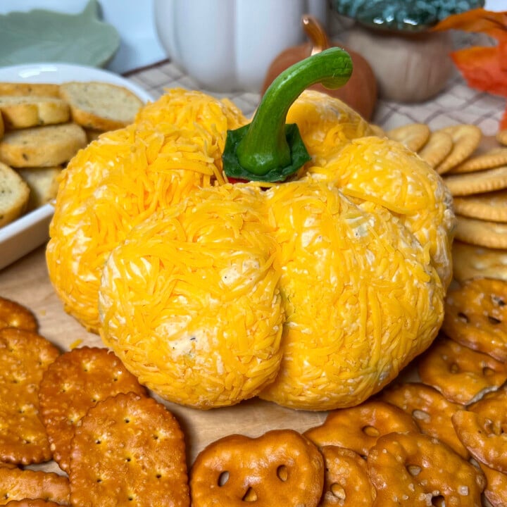 Cheese ball shaped to look like a small pumpkin.