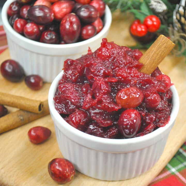 Homemade instant pot cranberry sauce in a small white bowl with cinnamon stick.