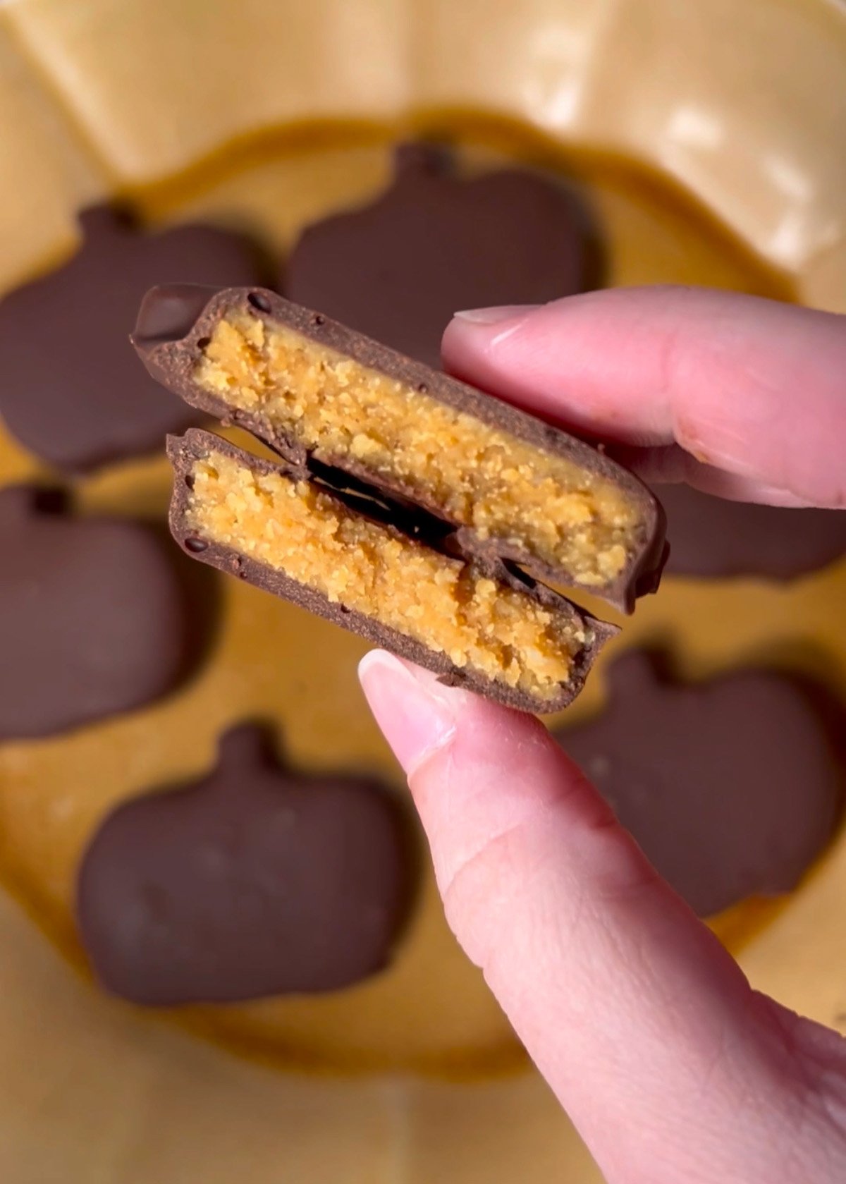 Healthier peanut butter cups shaped like pumpkins.