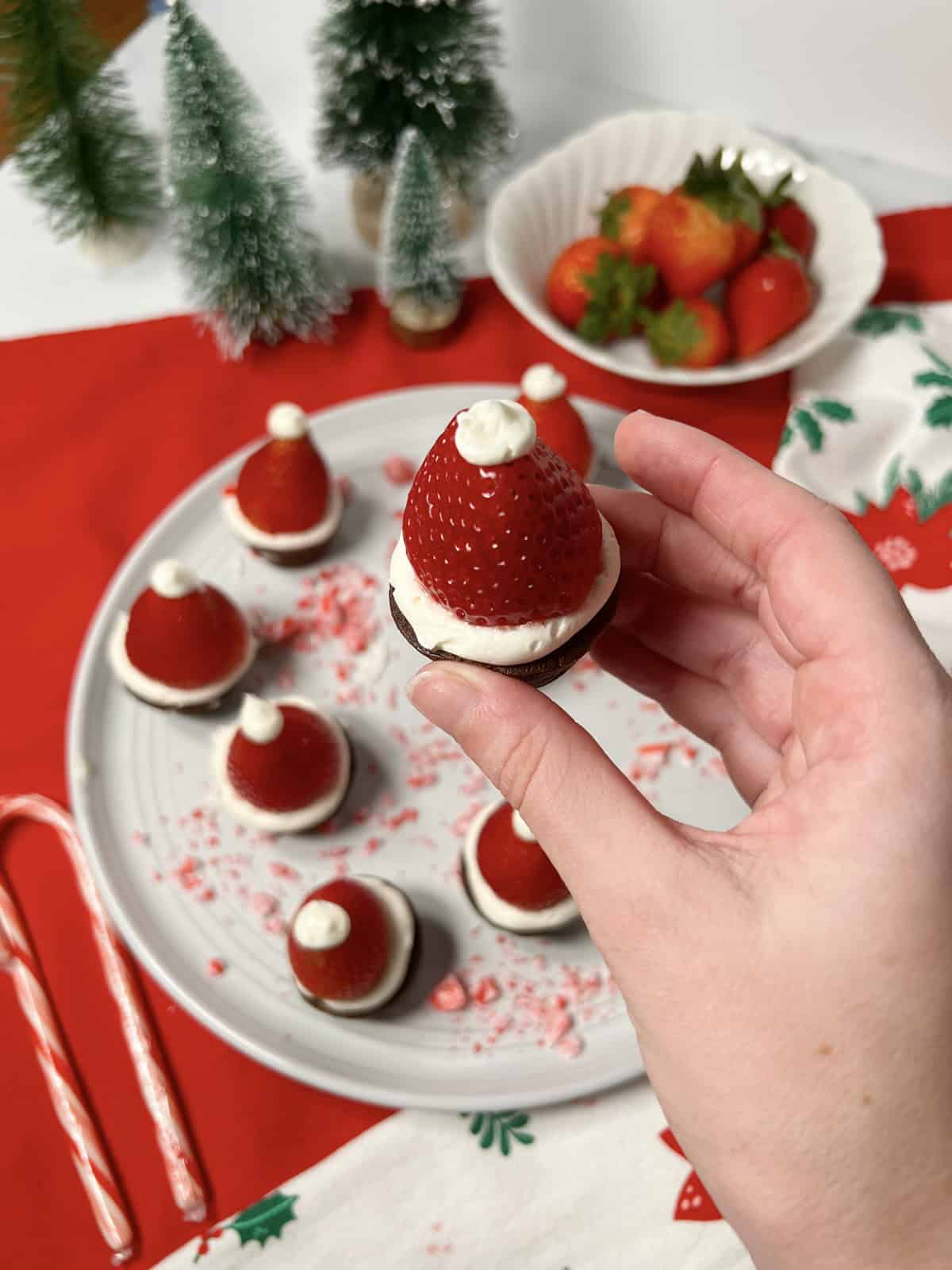 The cutest strawberry Santa hat brownie bites for the holidays.