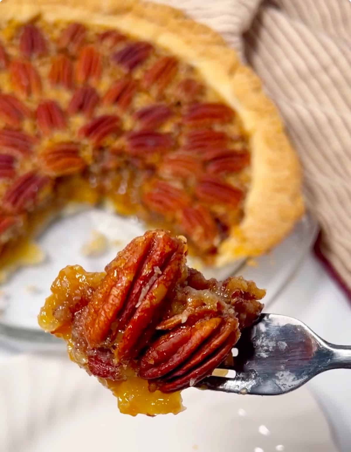 Taking a bite of delicious pecan pie with homemade crust.