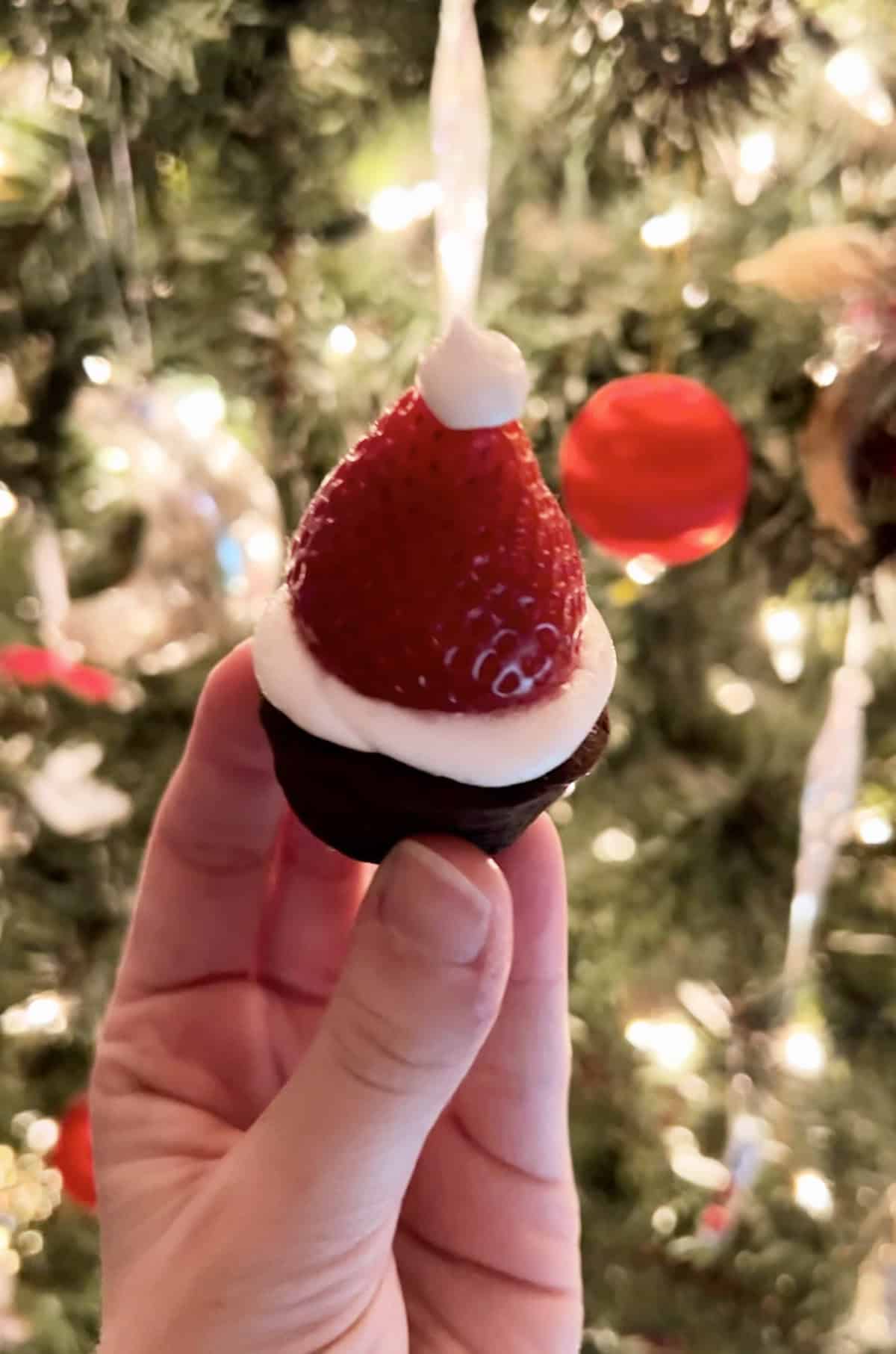 One Santa hat brownie bite in front of a Christmas tree.