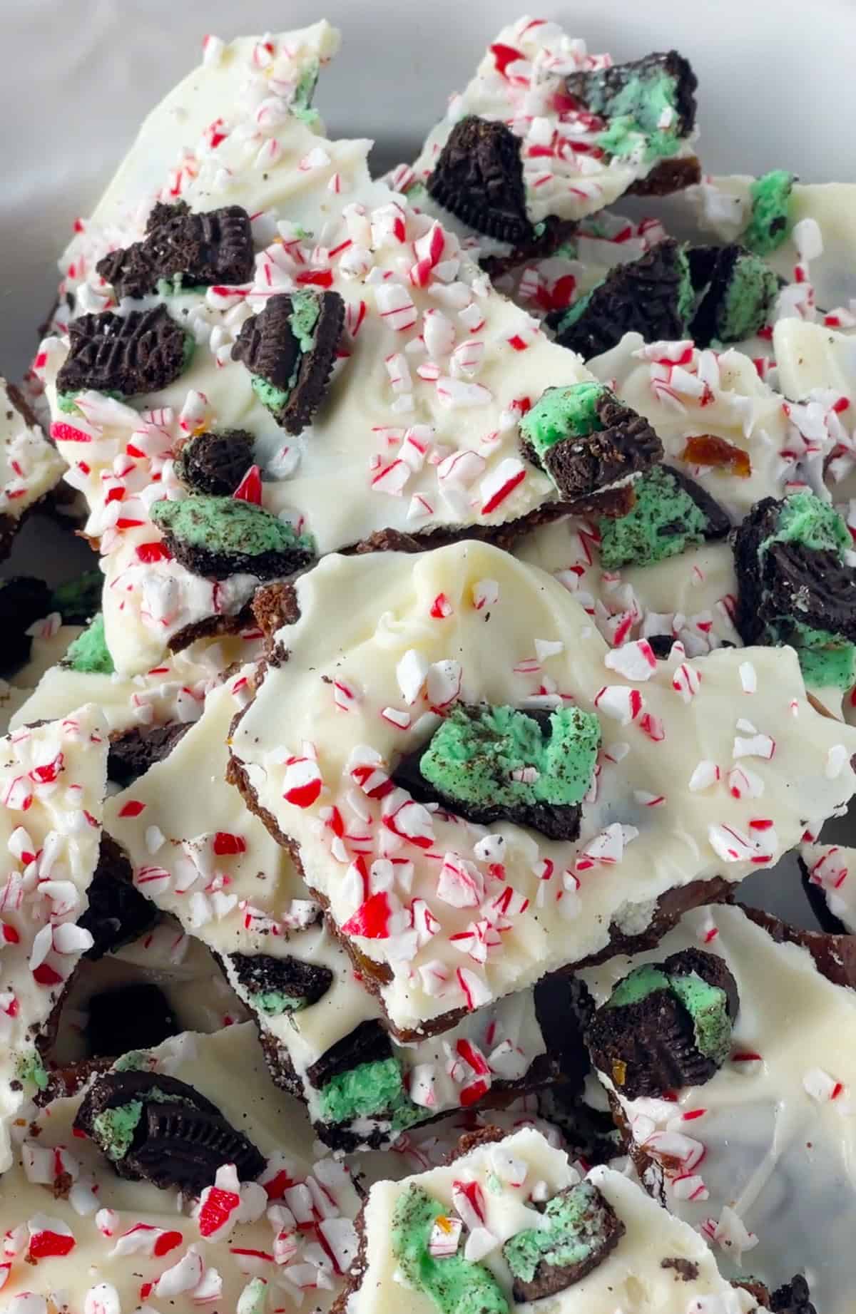 Peppermint bark candy on a plate.