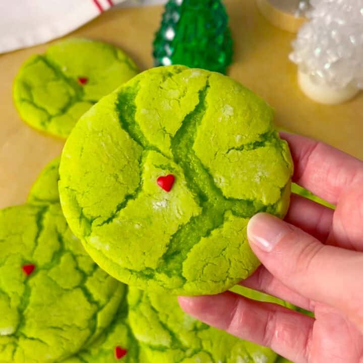 Grinch Christmas cookies made with cake mix.