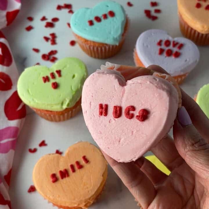 Conversation heart cupcakes.