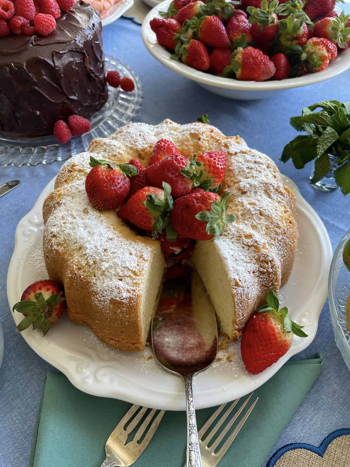 Vintage pound cake recipe displayed on a white plate.